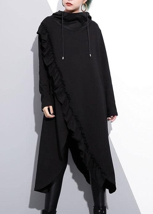 Organic black hooded cotton clothes ruffles long fall Dress