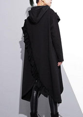 Organic black hooded cotton clothes ruffles long fall Dress