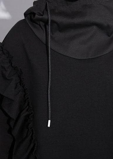 Organic black hooded cotton clothes ruffles long fall Dress