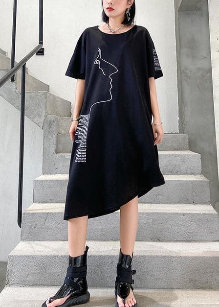 Organic black print Cotton o neck asymmetric oversized summer Dresses