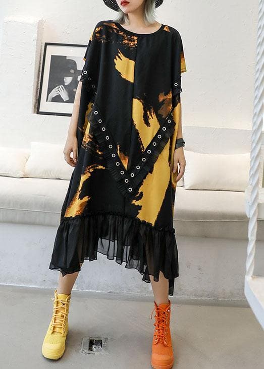 Organic ruffles hem chiffon Wardrobes pattern black prints robes Dresses summer