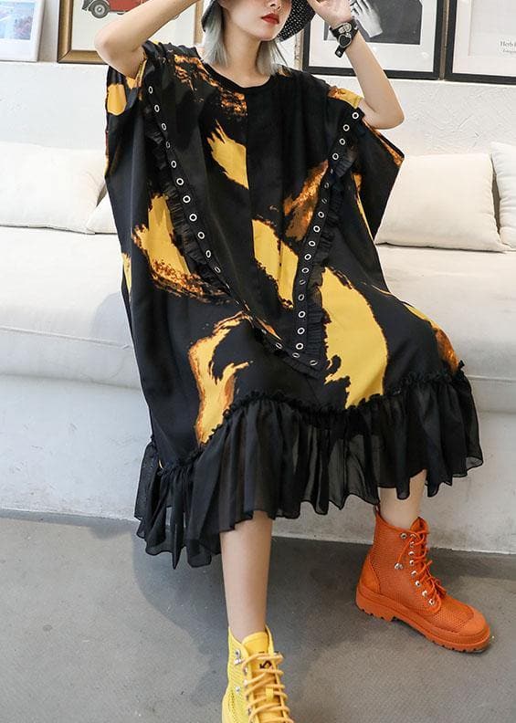 Organic ruffles hem chiffon Wardrobes pattern black prints robes Dresses summer