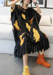 Organic ruffles hem chiffon Wardrobes pattern black prints robes Dresses summer