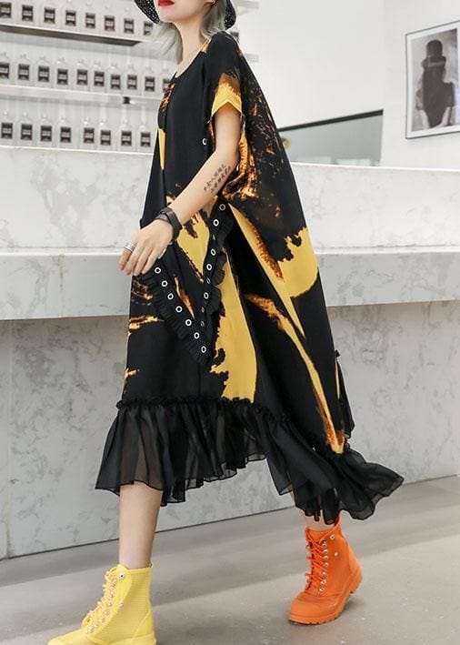 Organic ruffles hem chiffon Wardrobes pattern black prints robes Dresses summer