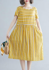 Organic yellow striped Cotton clothes o neck pockets tunic Dress