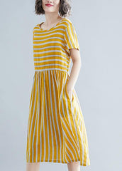 Organic yellow striped Cotton clothes o neck pockets tunic Dress