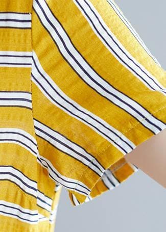 Organic yellow striped Cotton clothes o neck pockets tunic Dress