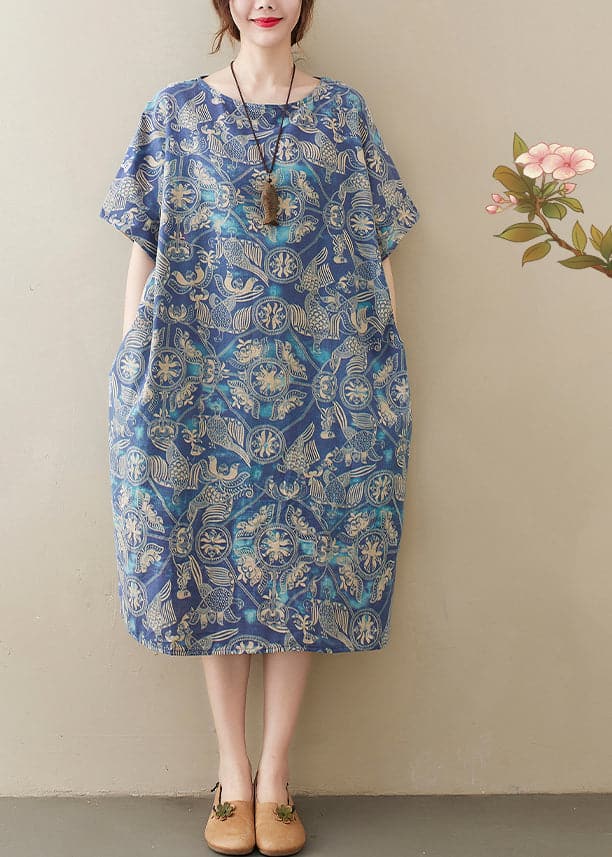 Original Design Blau O-Ausschnitt Print Baumwolle Lose Kleid Kurzarm