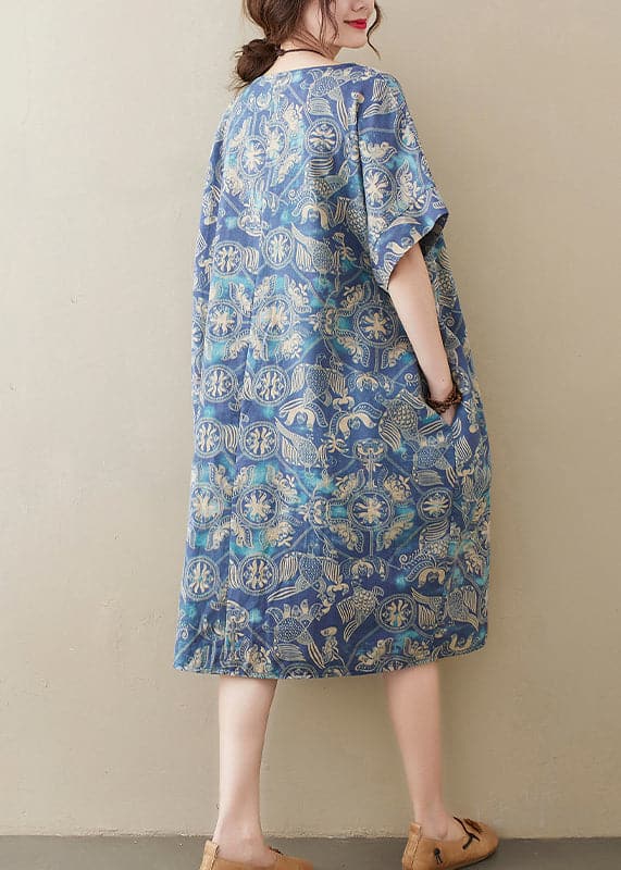 Original Design Blau O-Ausschnitt Print Baumwolle Lose Kleid Kurzarm