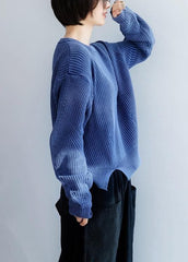 Chemisier en tricot bleu oversize à ourlet ouvert Hauts en tricot amples