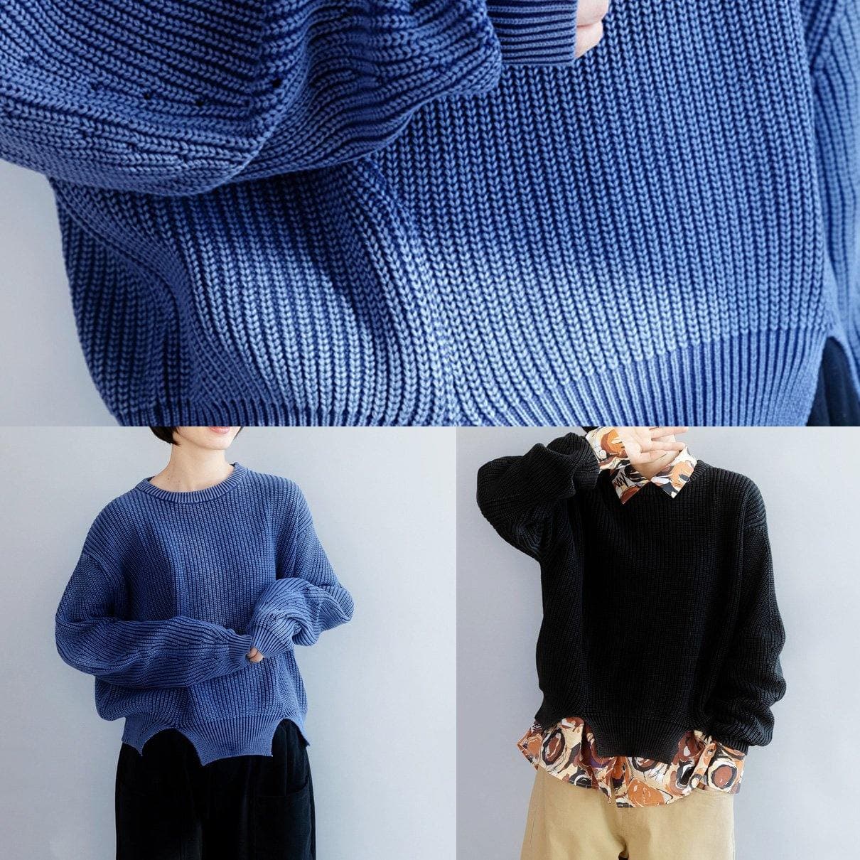 Chemisier en tricot bleu oversize à ourlet ouvert Hauts en tricot amples