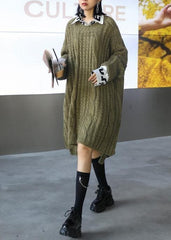 Oversized green Sweater dress Street Style o neck low high design Art knit dresses