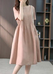 Pink O-Neck Pockets Linen Long Dress Short Sleeve