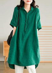 Robe chemise décontractée en lin vert jade pour femme