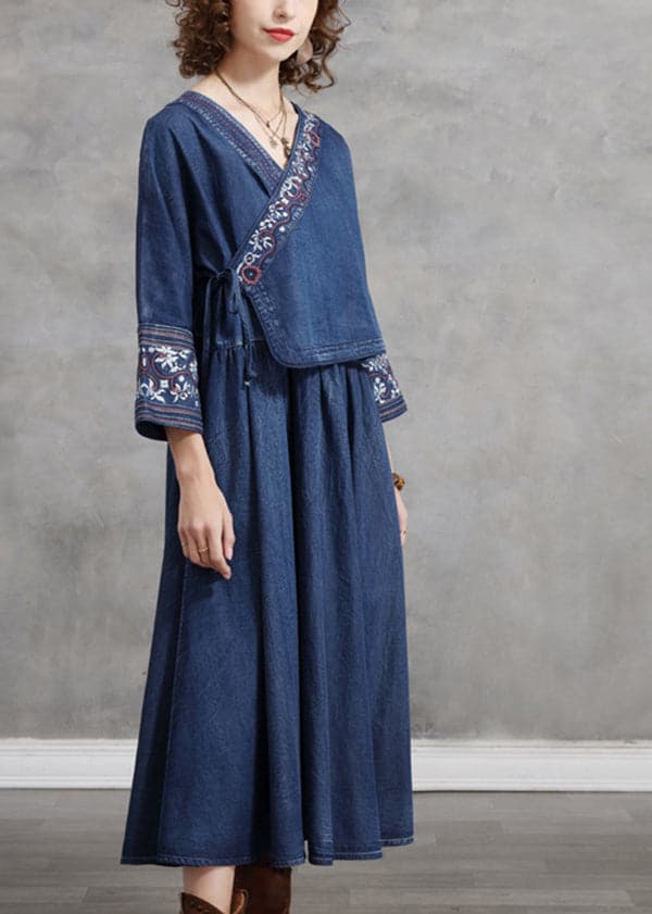 Plus Size Blue Embroideried Asymmetrical Design Tie Waist Cotton Denim Dresses Bracelet Sleeve