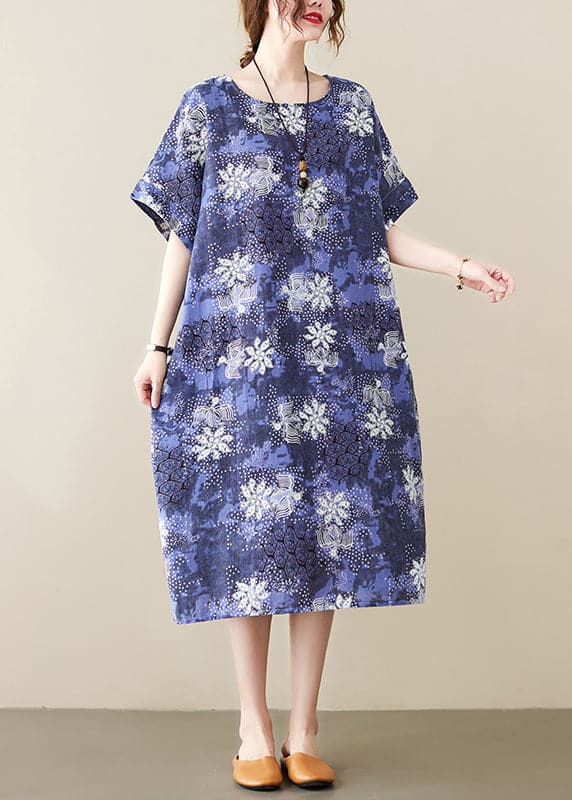 Plus Size Blue O-Neck Print Cotton Holiday Dress Short Sleeve