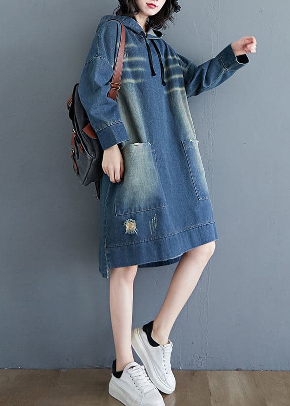 Plus Size Blue drawstring Hooded pocket Denim Dress Long Sleeve