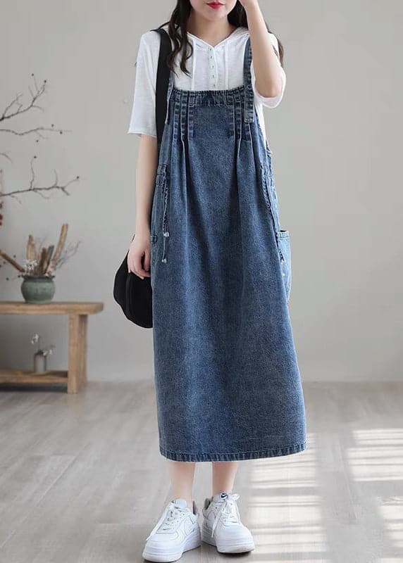 Plus Size Blue drawstring pocket Spaghetti Strap Cotton denim Dress Spring