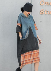 Plus Size Blue hooded Patchwork Plaid Pockets Fall Denim Dresses Half Sleeve