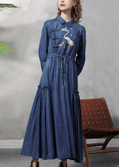 Plus Size Denim Blue Peter Pan Collar Embroideried Ruffled Drawstring Cotton Oriental Dresses Long Sleeve