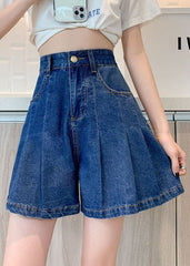 Short ample plissé en coton denim avec poches bleu marine grande taille pour l'été