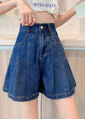 Short ample plissé en coton denim avec poches bleu marine grande taille pour l'été