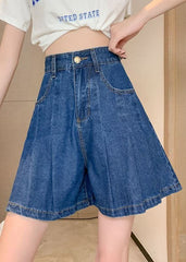 Short ample plissé en coton denim avec poches bleu marine grande taille pour l'été