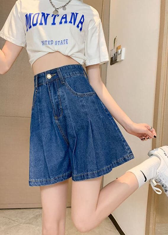 Short ample plissé en coton denim avec poches bleu marine grande taille pour l'été