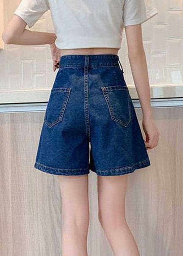 Short ample plissé en coton denim avec poches bleu marine grande taille pour l'été