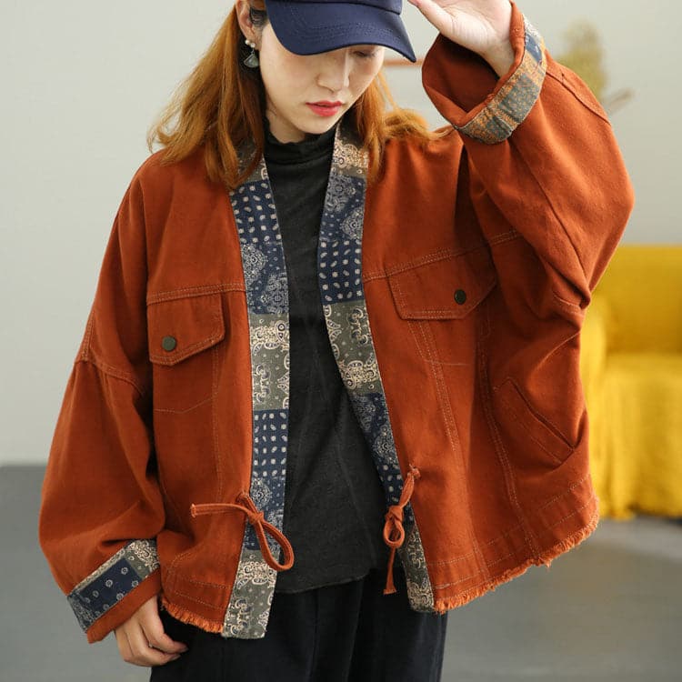 Plus Size Orange retro Patchwork Loose Fall Coat