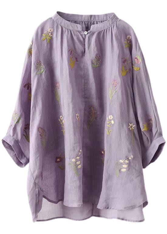 Plus Size Purple Embroideried Loose Fall Three Quarter sleeve Top