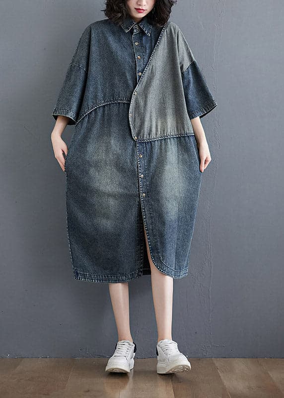 Retro Blau Peter Pan Kragen Asymmetrische Patchwork Seite Offen Denim Kleid Halbe Ärmel