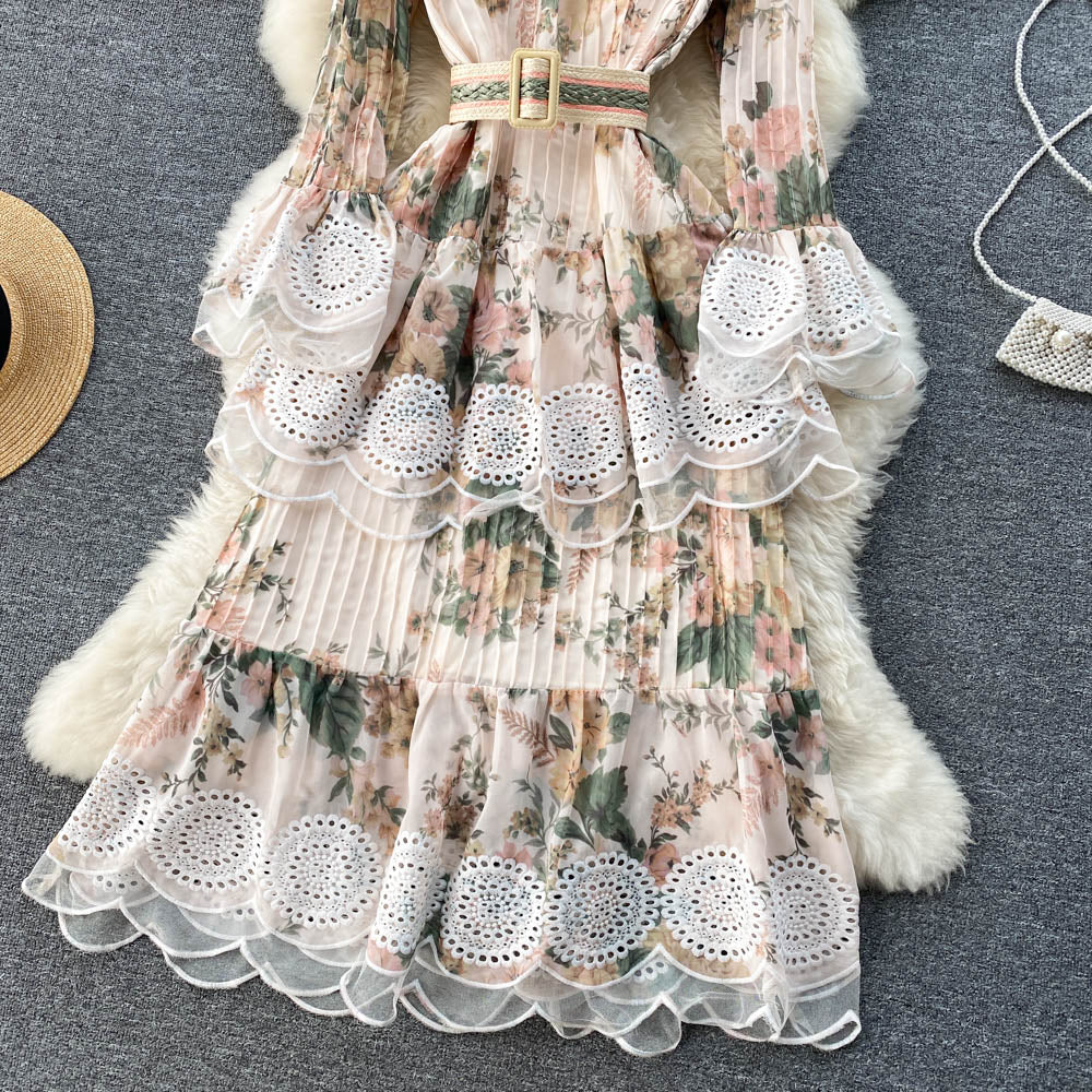 Women Flare Sleeve Embroidered Mesh Patchwork Chiffon Ruffles Pleated Dresses