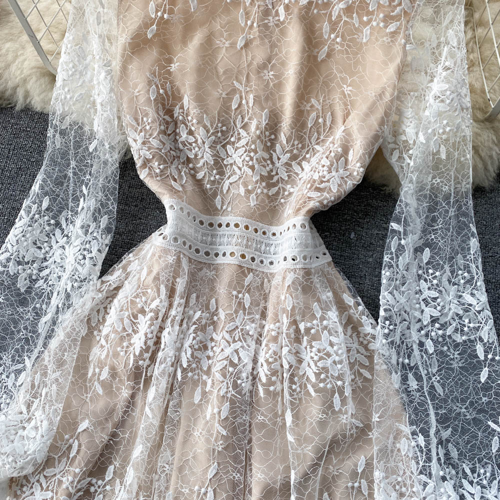 Robe longue élégante en maille de dentelle brodée pour femmes 