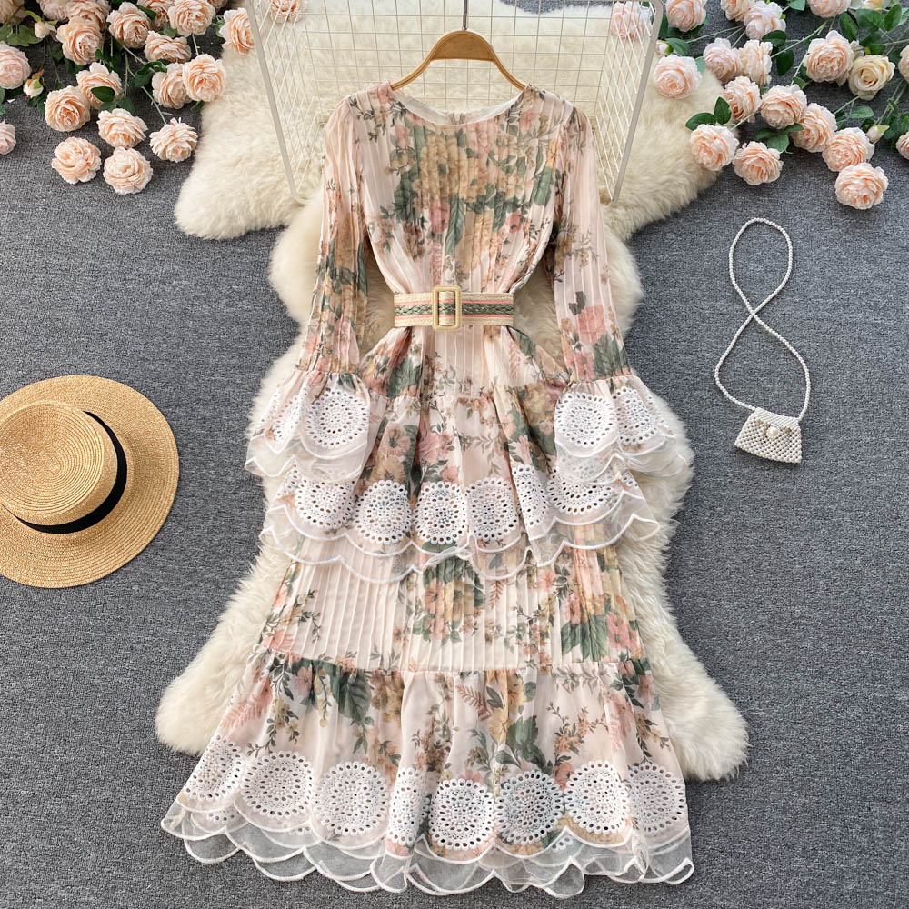 Women Flare Sleeve Embroidered Mesh Patchwork Chiffon Ruffles Pleated Dresses