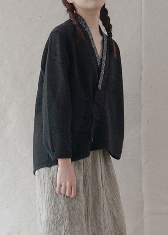 Simple Black Button Embroideried asymmetrical design Fall Knit Sweater