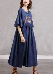 Simple Blue Embroideried Cinched Cotton Denim Dresses Flare Sleeve