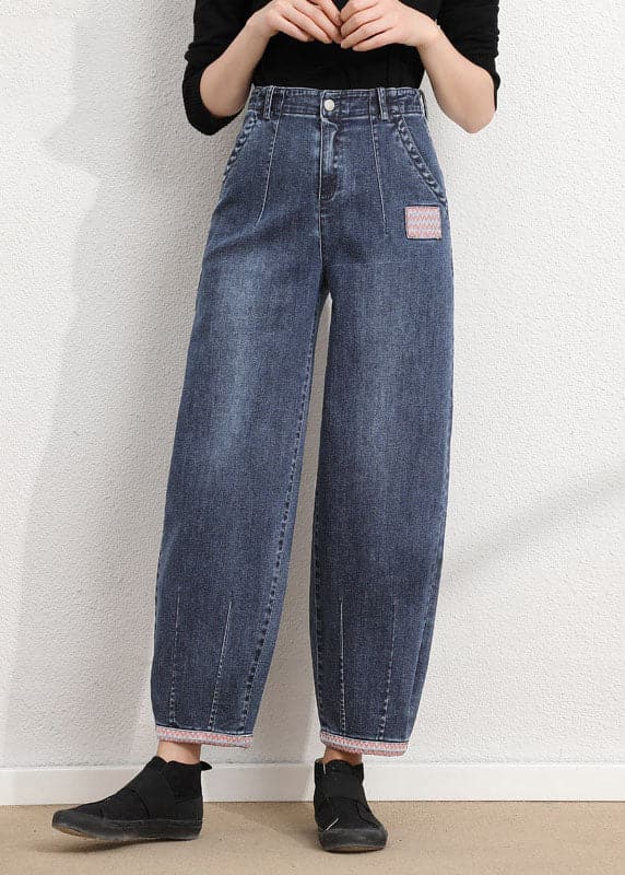 Simple Blue Grey High Waist Patch Zip Up Pockets Cotton Denim Pants Summer