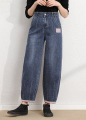 Simple Blue Grey High Waist Patch Zip Up Pockets Cotton Denim Pants Summer