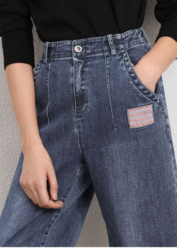 Simple Blue Grey High Waist Patch Zip Up Pockets Cotton Denim Pants Summer