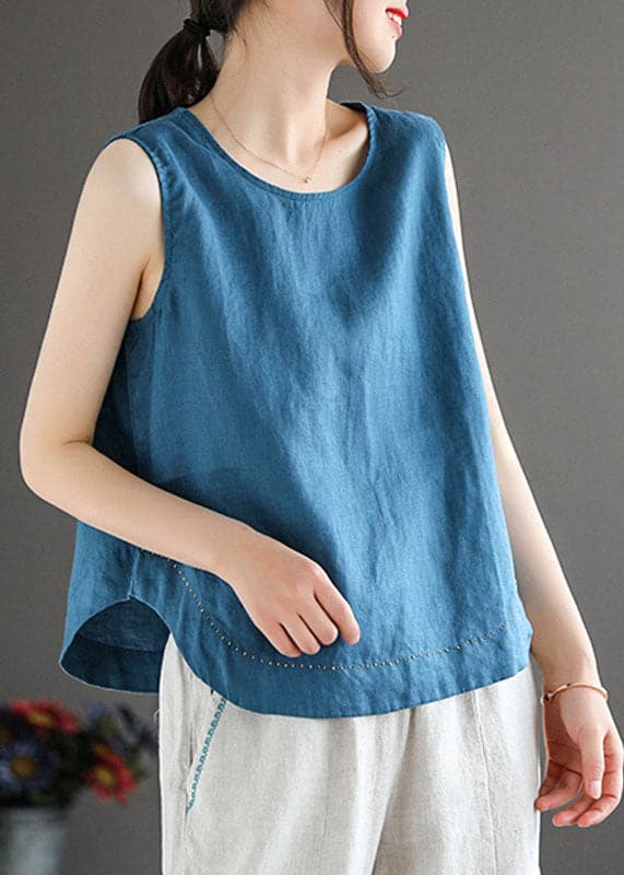 Simple Blue O-Neck Embroideried Linen Beach Vest Sleeveless