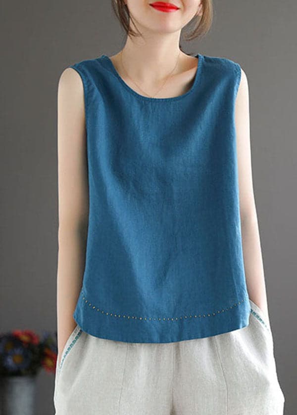 Simple Blue O-Neck Embroideried Linen Beach Vest Sleeveless