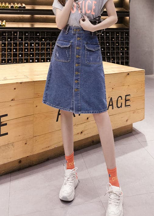 Simple Blue Pocket Button Cotton Denim Wraped Skirt Summer