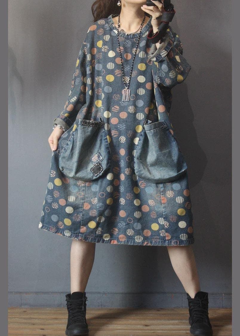 Simple Blue Print Pockets Denim Long Summer Cotton Dress