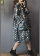 Simple Blue Print Pockets Denim Long Summer Cotton Dress