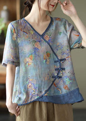 Simple Blue Print Ramie Oriental Summer Tops