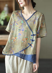 Simple Blue Print Ramie Oriental Summer Tops