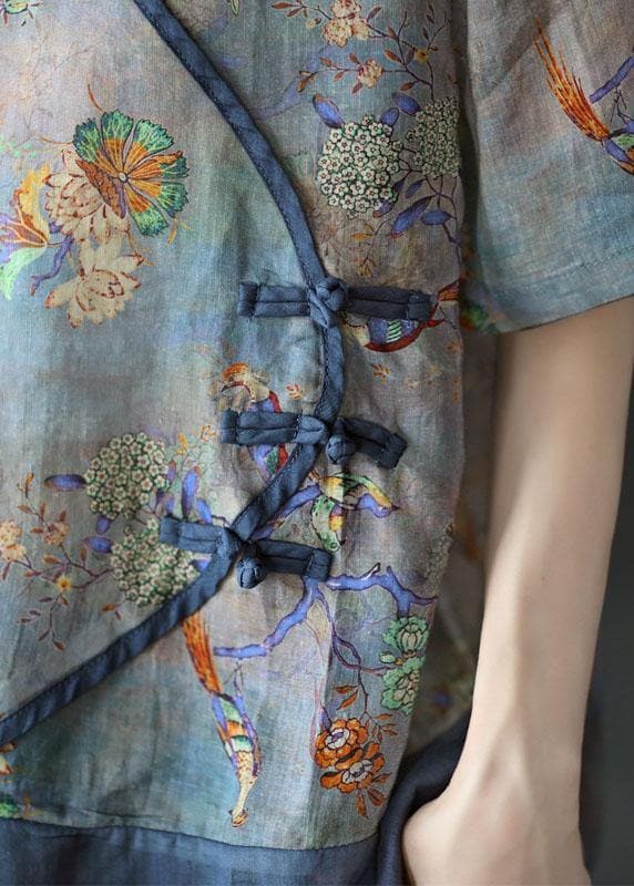 Simple Blue Print Ramie Oriental Summer Tops