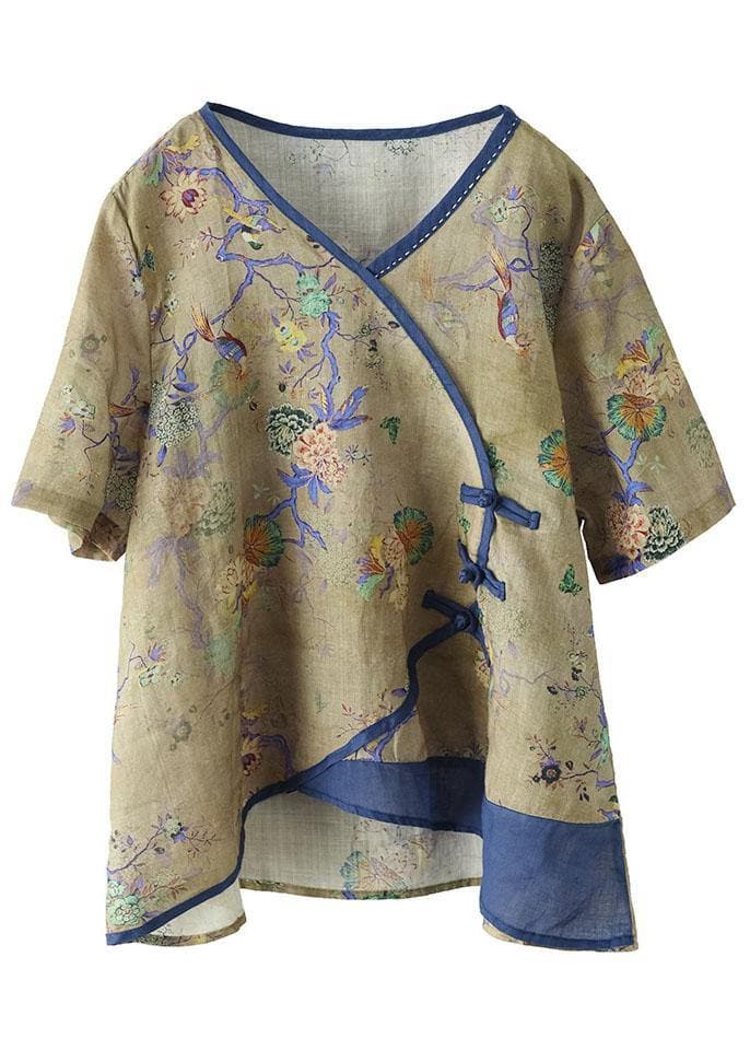 Simple Blue Print Ramie Oriental Summer Tops