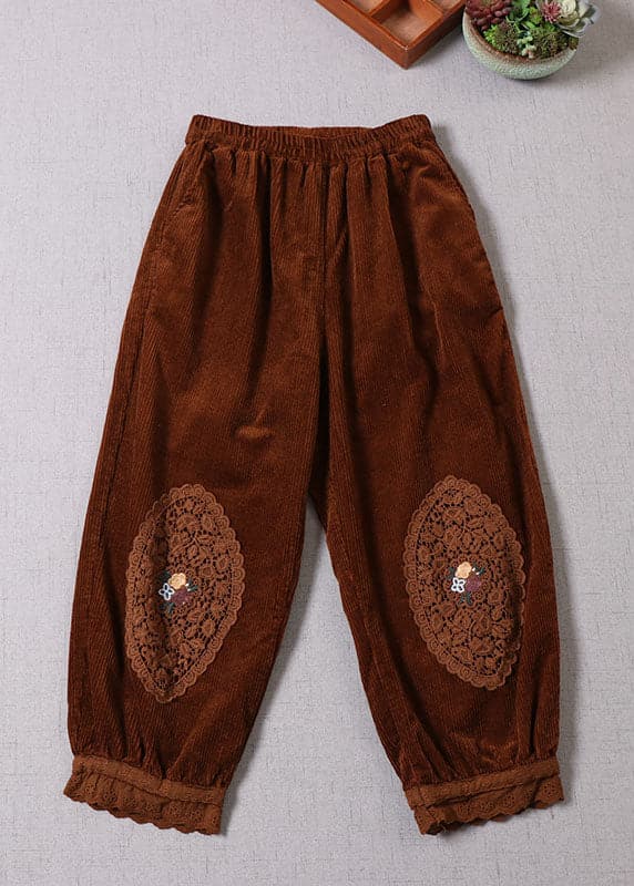 Simple Caramel Embroideried Pockets Corduroy Pants Winter